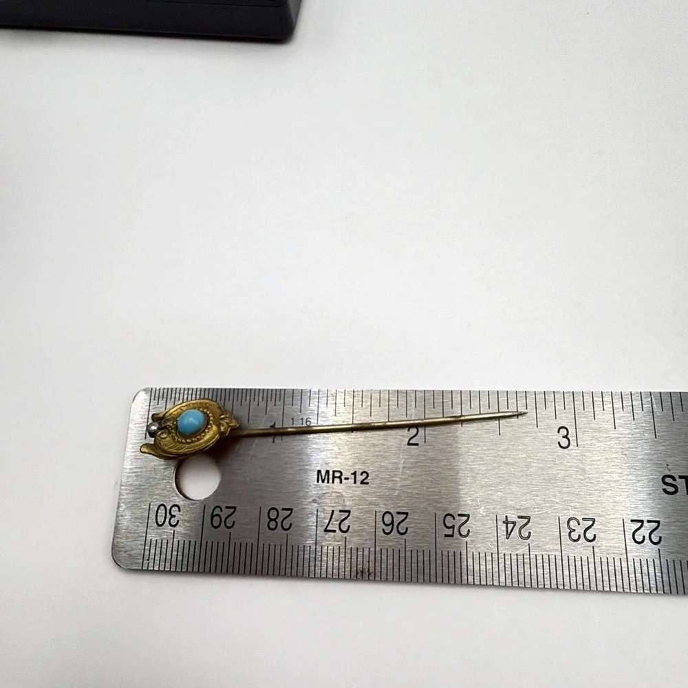 Vtg Art Nouveau Gold-Tone Stick Pin Turquoise Blue Cab